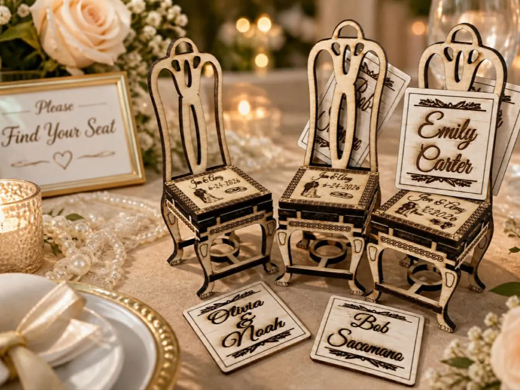 Miniature Chair Place Card Holders laser cut design on a table