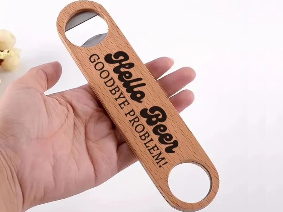 Wooden Handle Bottle Opener: "Hello Beer, Goodbye Problem" gift for him design