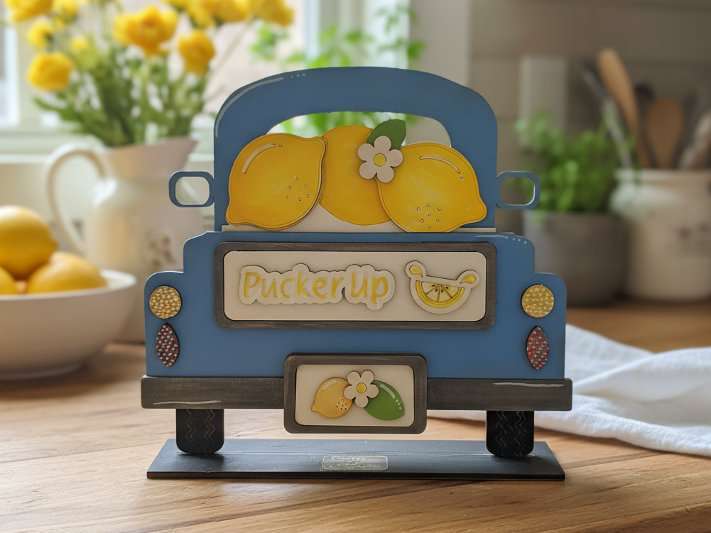 Blue Truck Tabletop Sign with Lemon Motif and Pucker Up Text laser cut summer decor design
