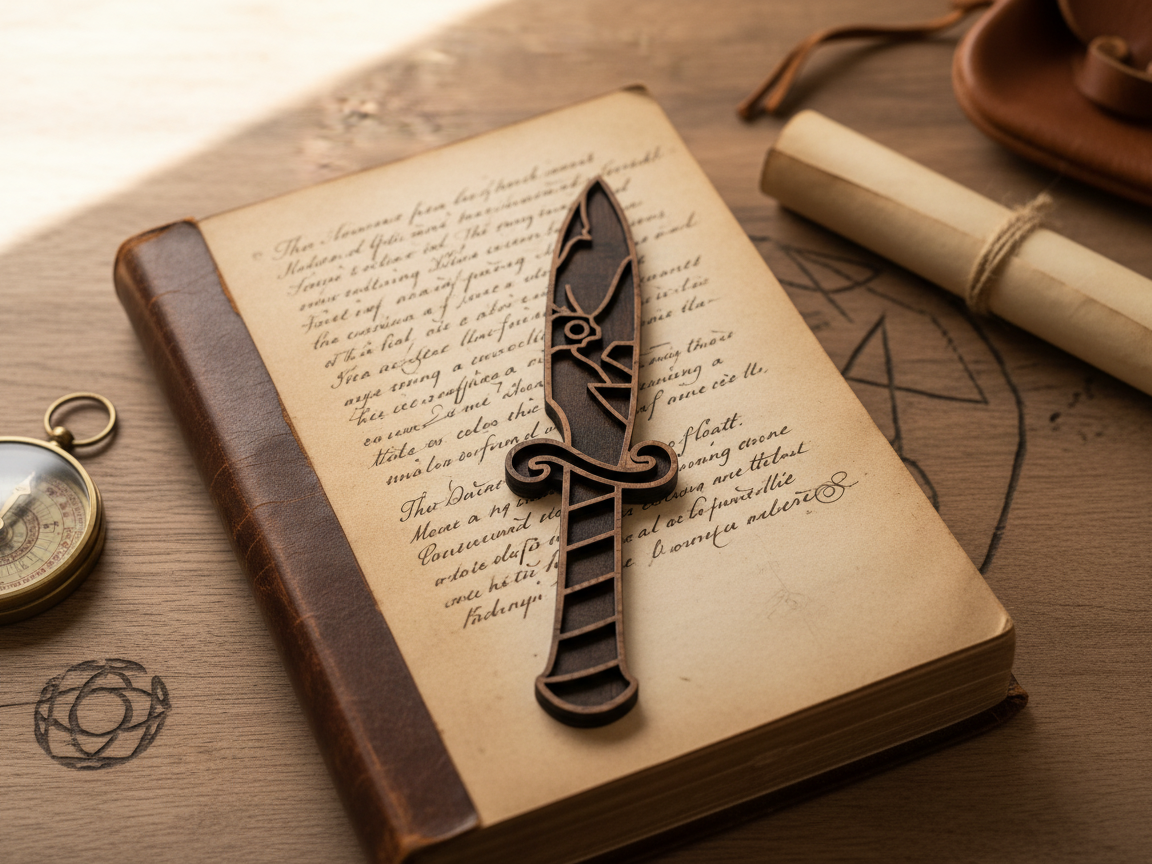 Wooden dagger bookmark on an antique leather journal valentines day gift for men design