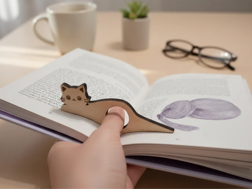 Kawaii cat-shaped wooden reading ring bookmark
