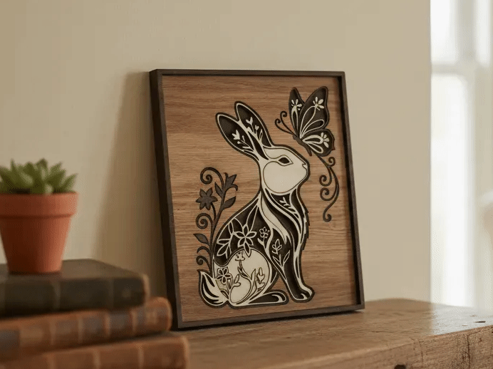 Art mural lapin et papillon en bois avec fleurs