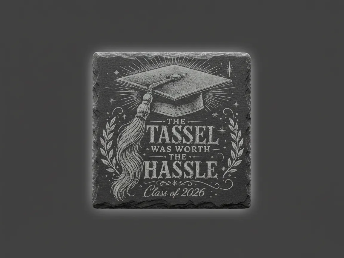 Square slate coaster with graduation cap engraving