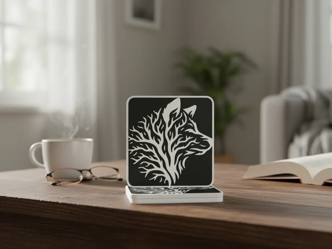 Quadratischer Getränkeuntersetzer mit stilisiertem Wolf- und Baumsilhouette Laserdesign