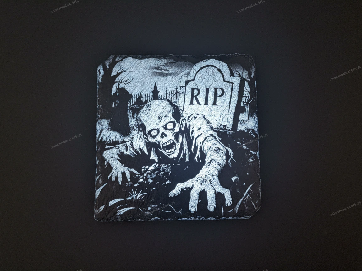Zombie hand rising from a grave engraved on slate coaster