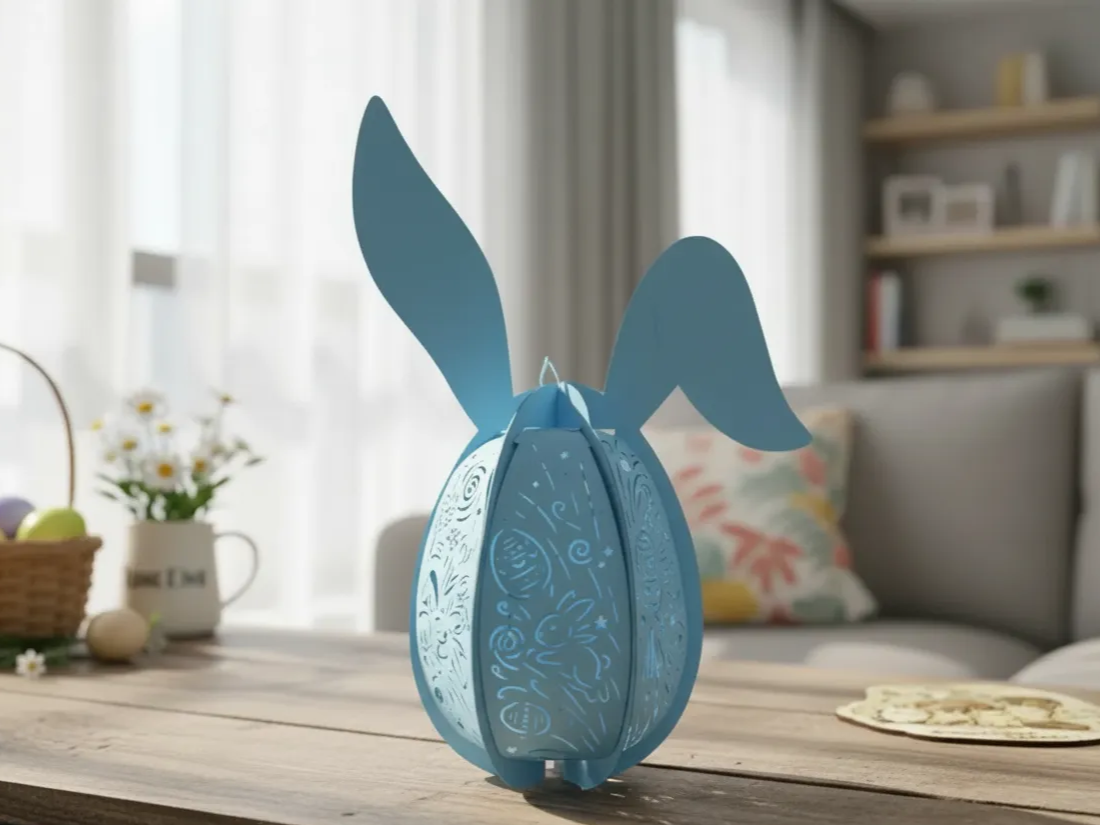 Wooden Easter bunny and egg lantern glowing with warm light