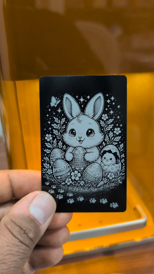 [Laser cut and engrave] Adorable Easter Bunny IR Laser Engraving on Anodized Aluminum Card