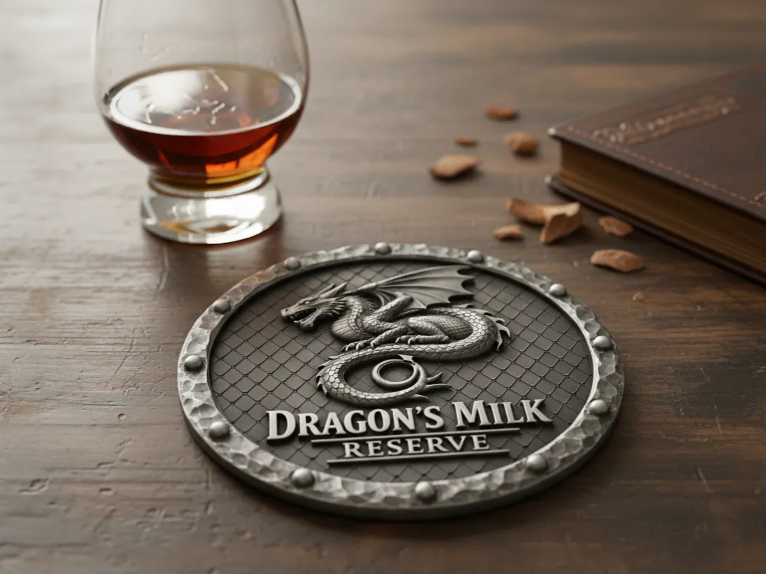 Round metal coaster and coin design featuring Dragon's Milk Reserve stout branding