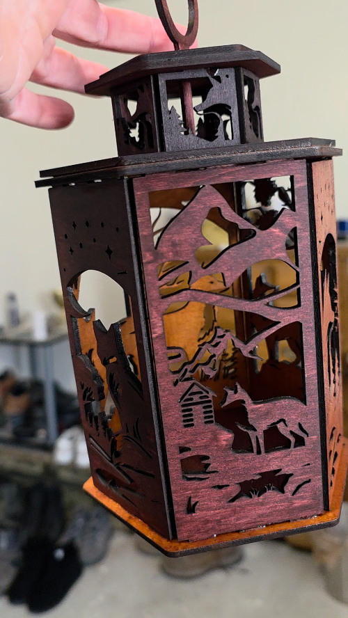 [Laser cut and engrave] Wooden Lantern with Forest and Fox Silhouette Cutout