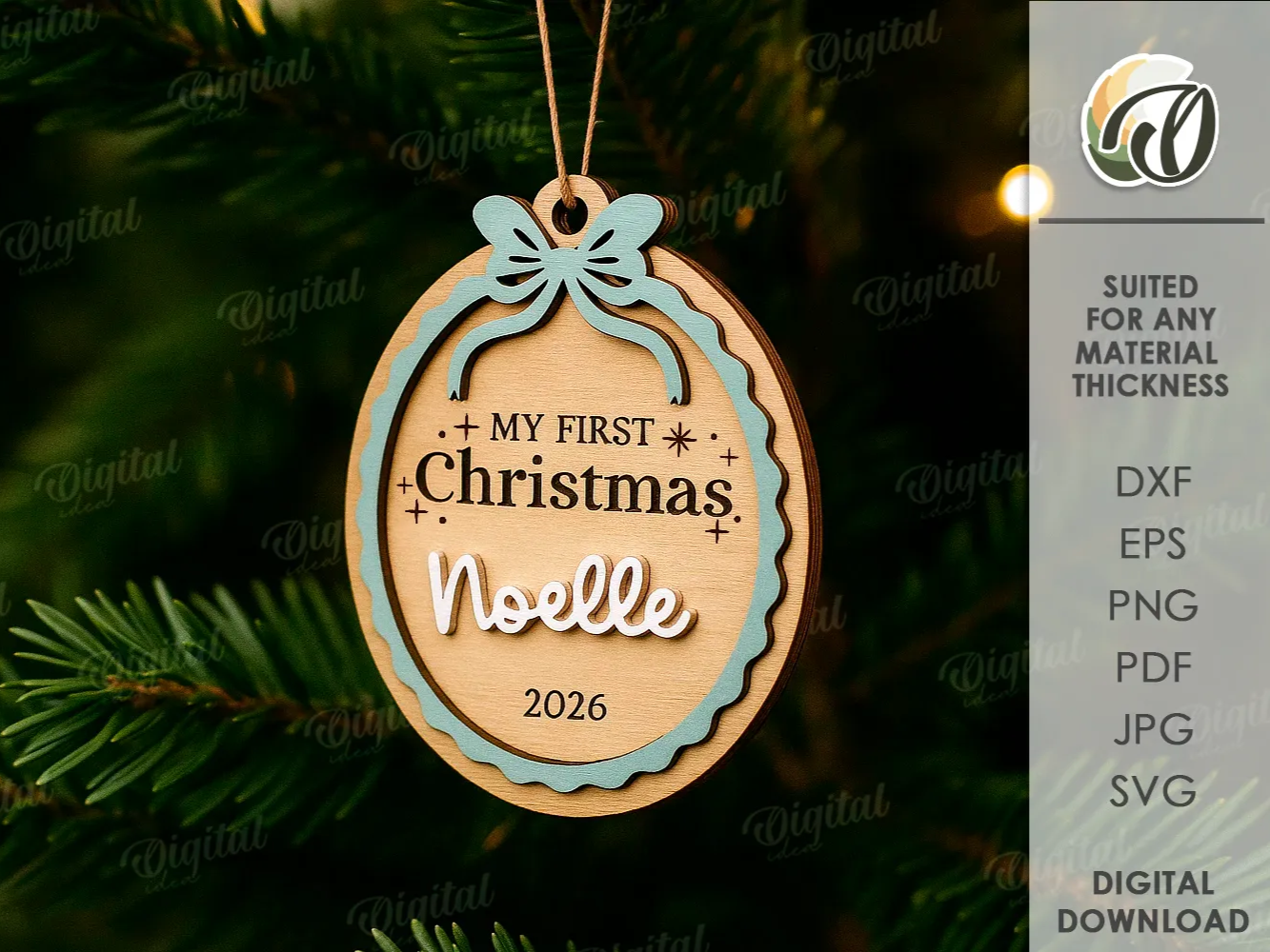Laser-Cut Wooden Christmas Ornament with "Baby's First Christmas" photo frame design