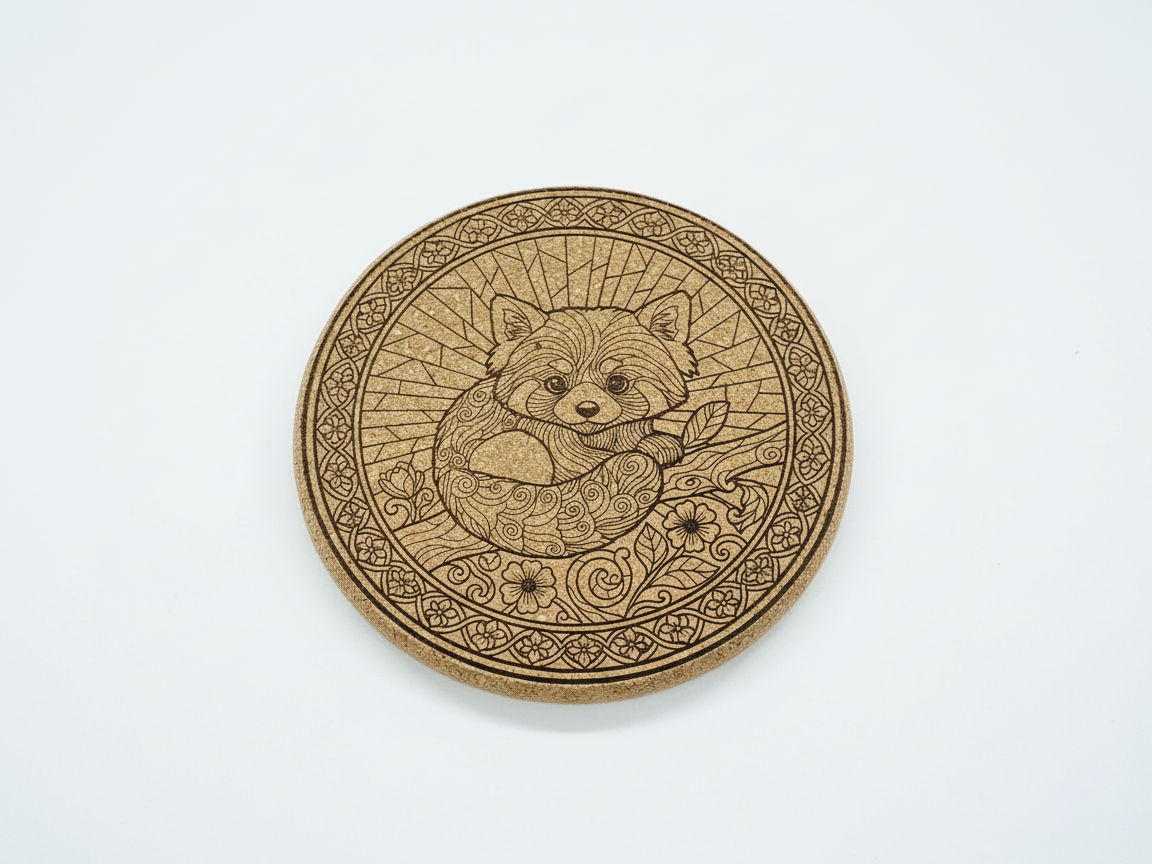 Cork coaster engraved with a red panda illustration