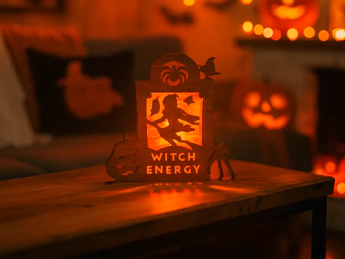 [Laser cut and engrave] Halloween Witch Energy Tombstone Candle Holder SVG | Spooky Lantern Laser Cut Files