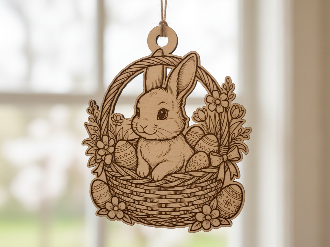 Easter ornament showing a bunny peeking from a woven basket