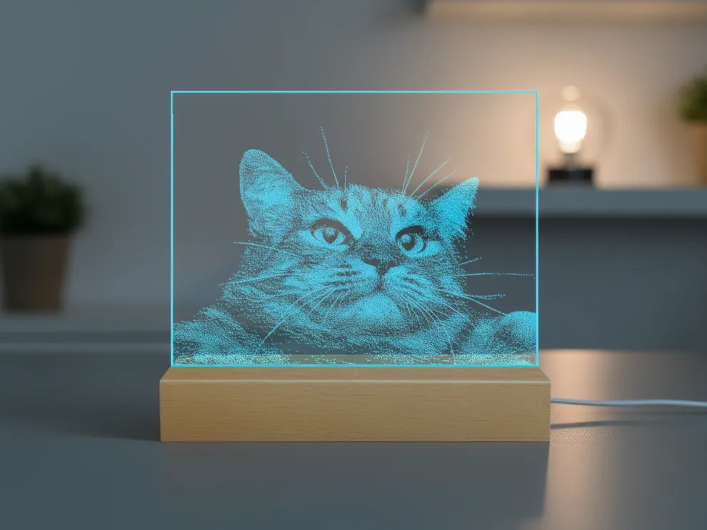 LED Cat Glass Night Lamp with Wooden Base laser-cut night lamp idea