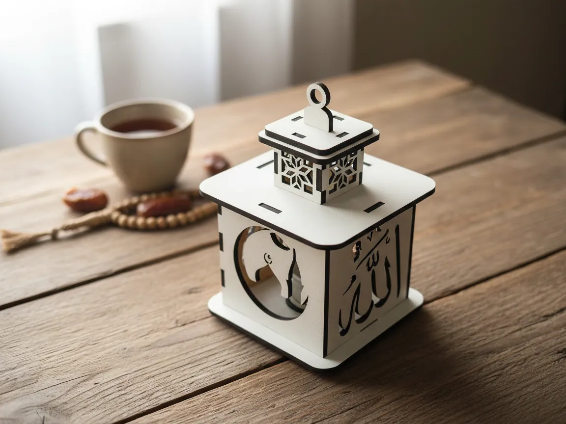 White wooden Ramadan lantern with Arabic calligraphy and geometric cutouts outdoor lantern idea