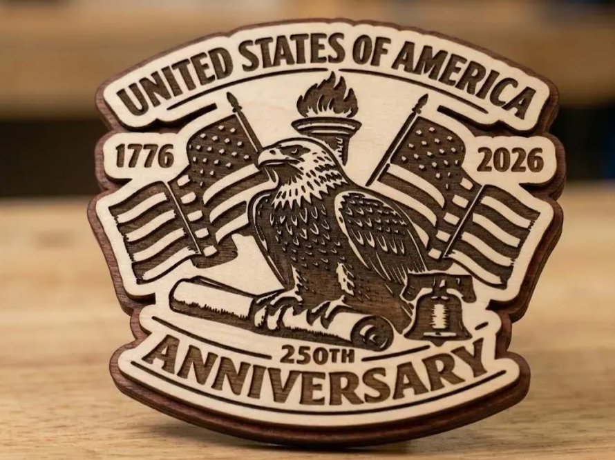 United States 250th Anniversary Commemorative Emblem with Eagle and American Flags — free American flag wall art project file on Atomm