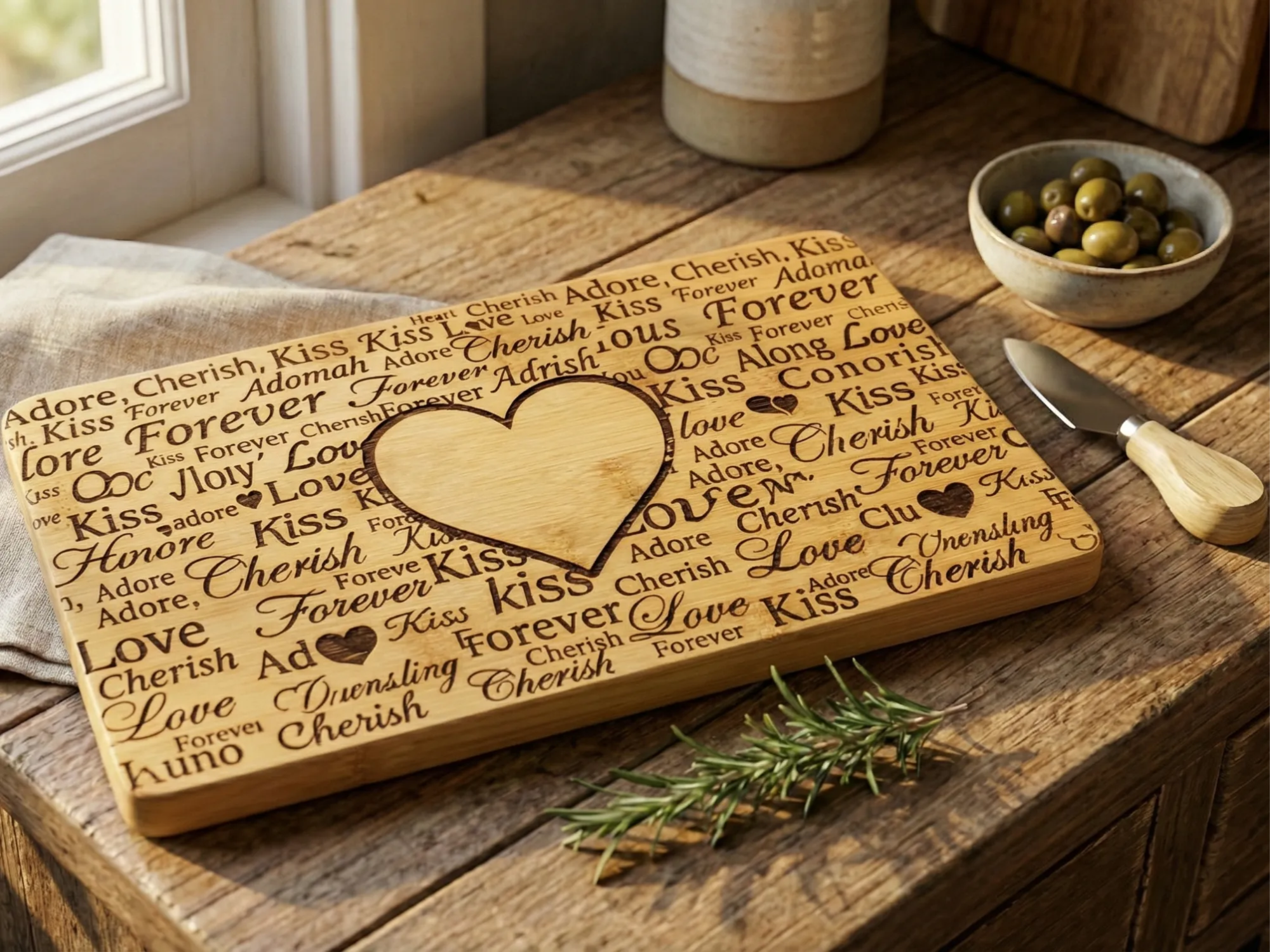 Laser Engraved Bamboo Cutting Board with Heart and Love Words