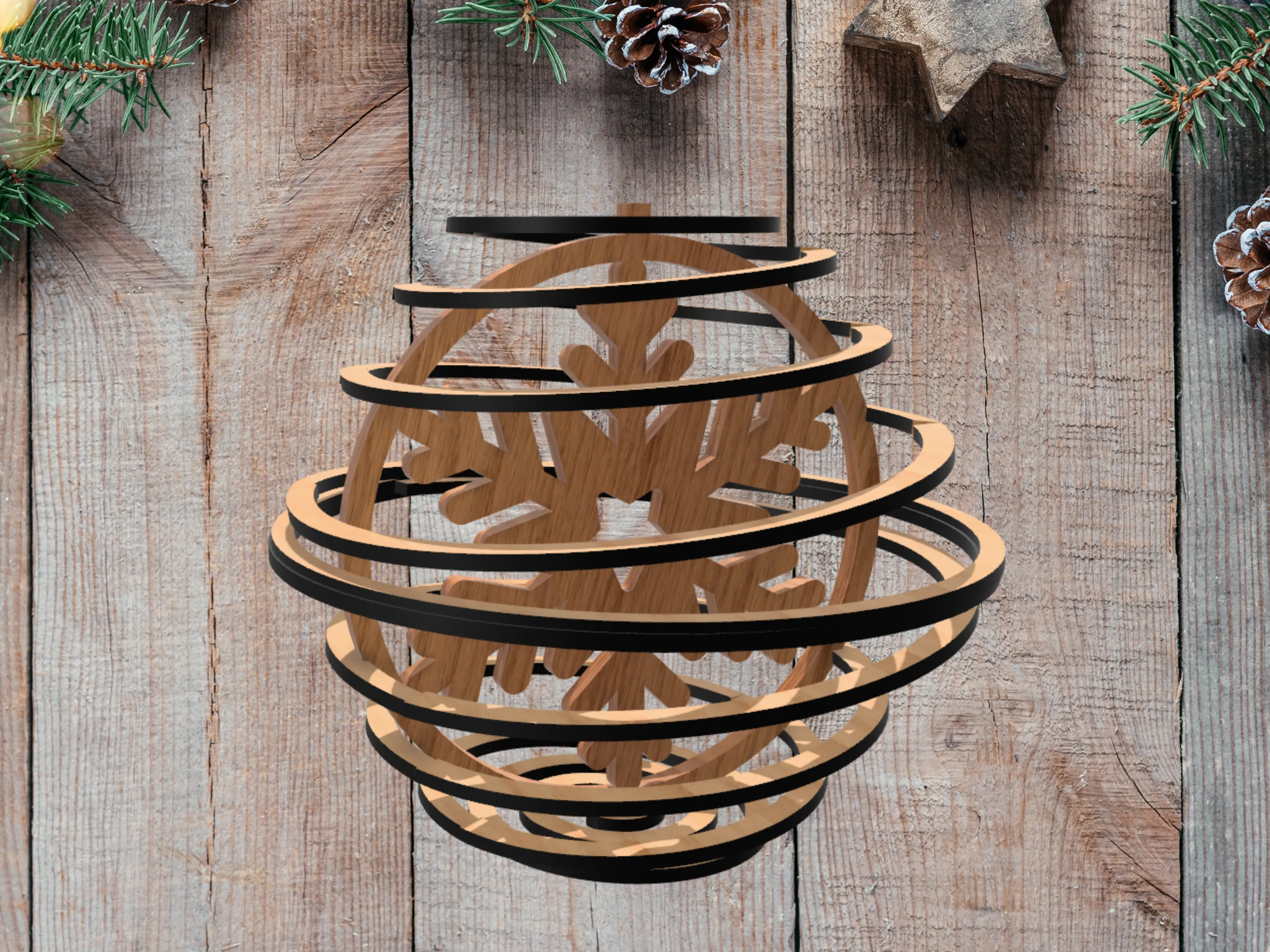 Three-dimensional wooden snowflake ornament assembled from slotted pieces