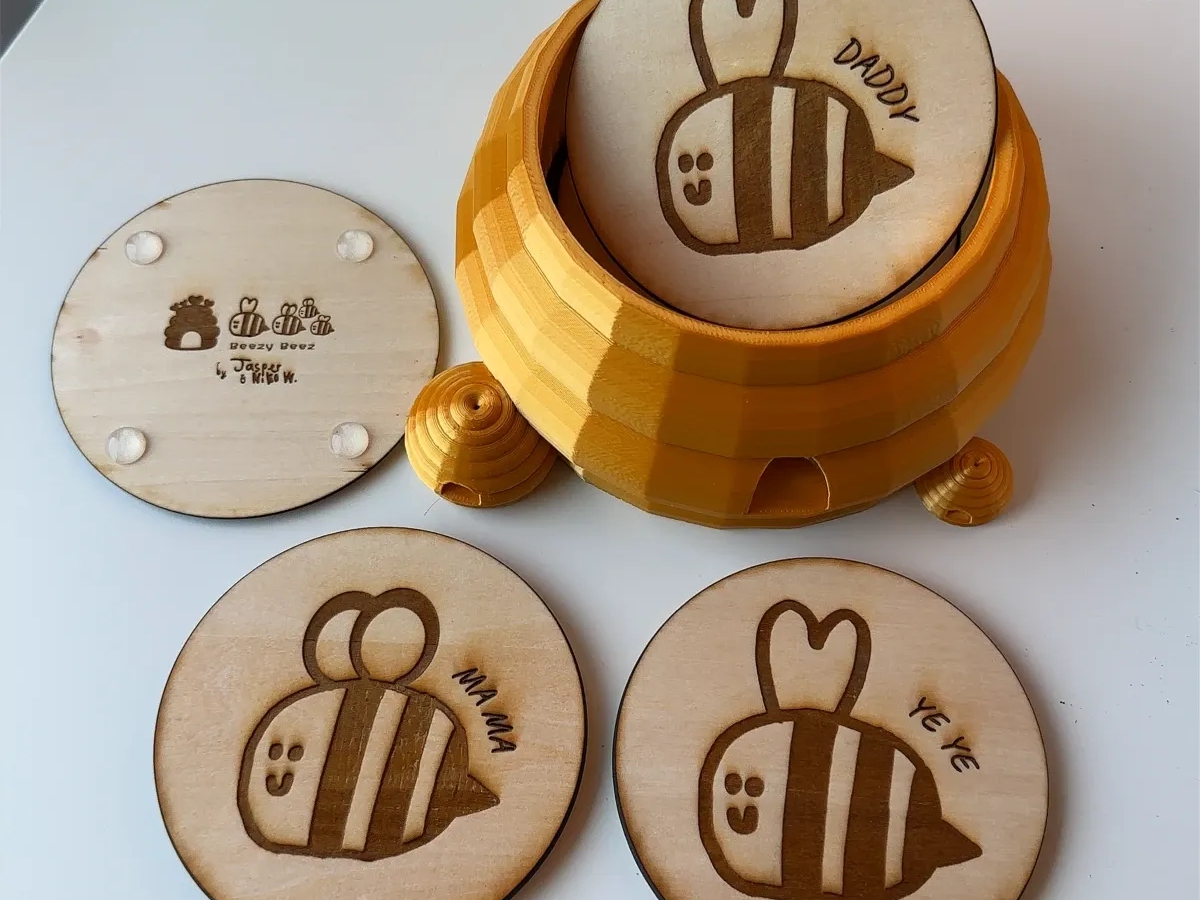 Family set of bee themed cup coasters