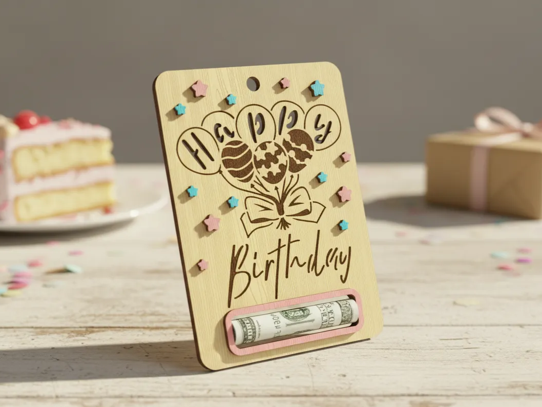 Wooden Happy Birthday Money Holder with Colorful Stars birthday card design