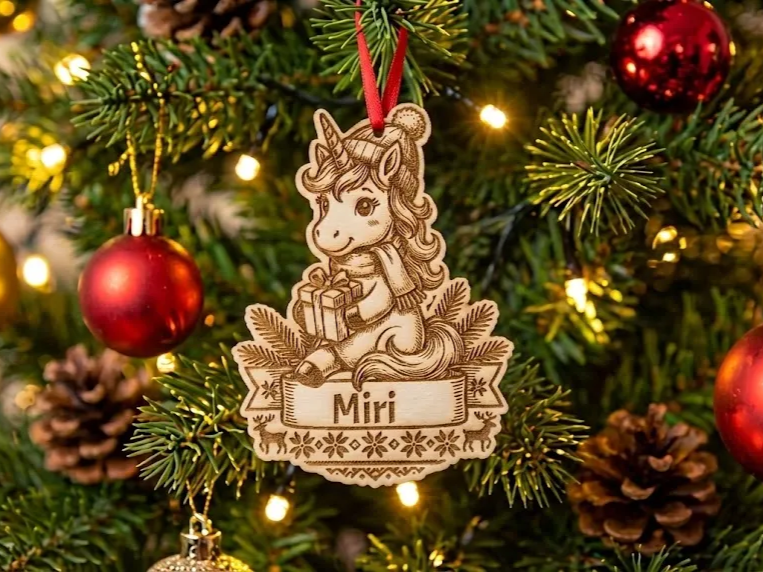 Personalized Unicorn Christmas Ornament – Custom Name Banner | Laser-Ready Vector Design