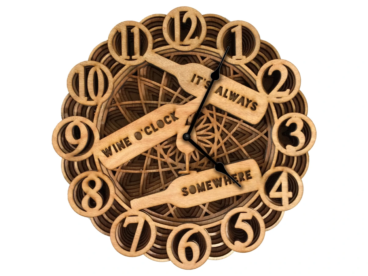 Layered Clock with 'It's always wine o'clock somewhere' wood clock idea