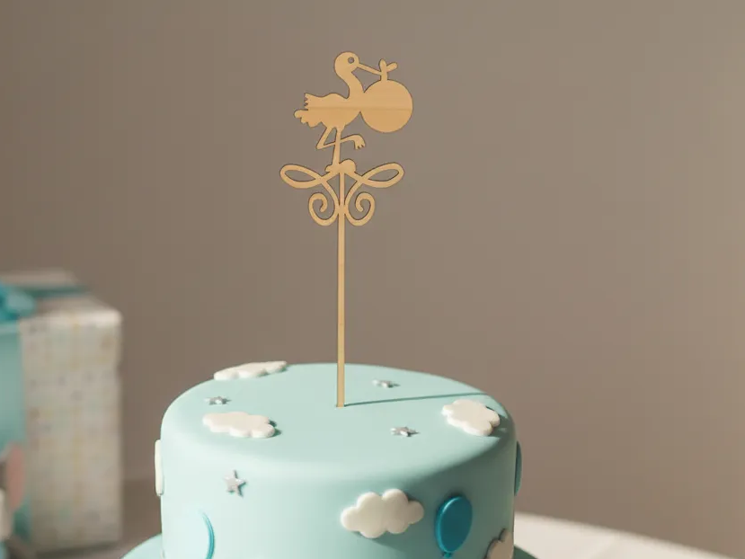 Wooden stork baby shower cake topper