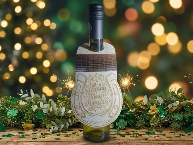 Etiqueta de Año Nuevo para botella de vino, colgador con forma de herradura, idea de regalo de vino