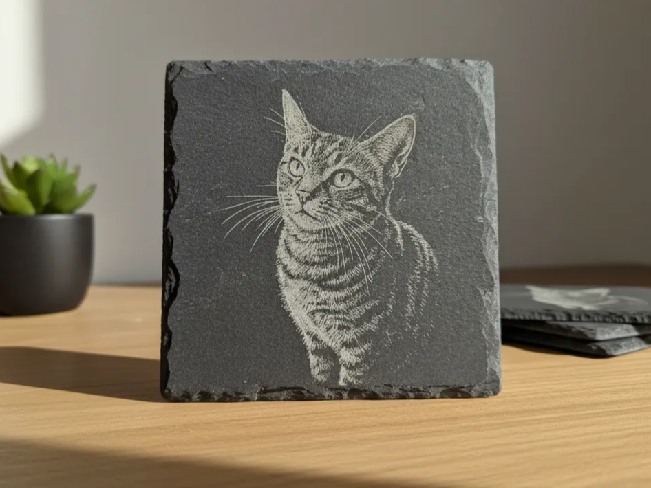 Square slate coaster engraved with a tabby cat photo portrait sitting upright