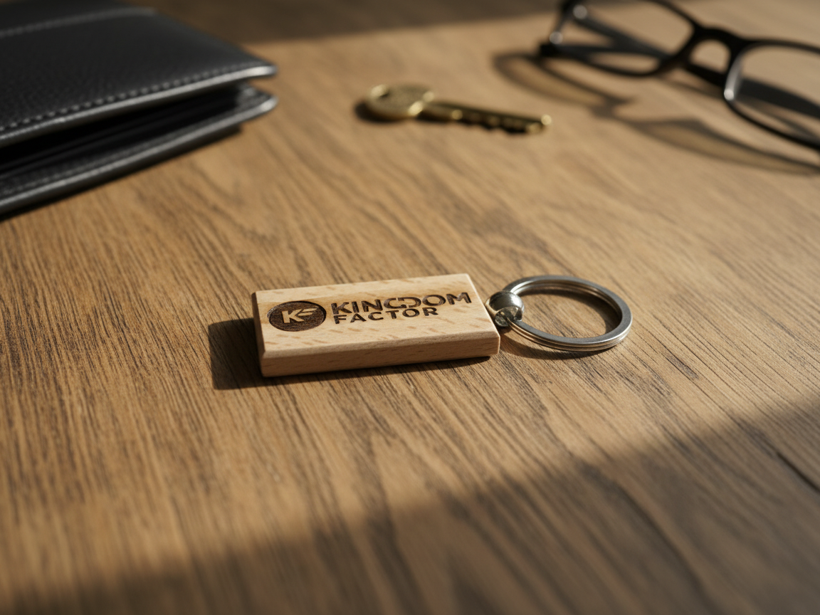 Laser Engraved Wooden Keychain with Kingdom Factor Logo custom logo keychain idea