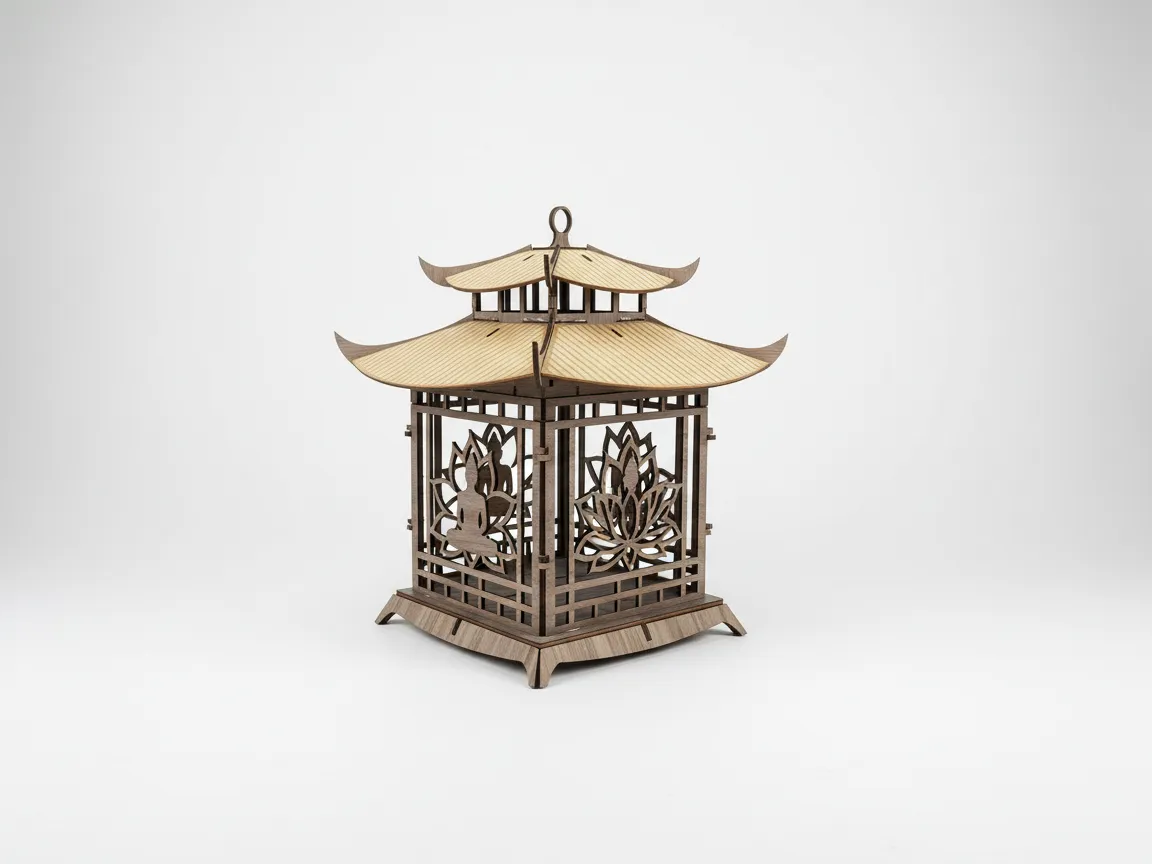 Two tier wooden pagoda lantern with lotus and buddha design panels outdoor lantern idea