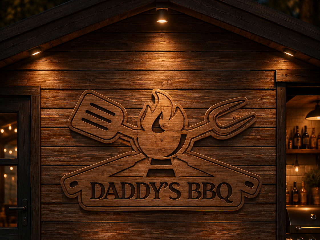 Daddy's BBQ Wooden Wall Sign with Grill Tools and Flame Motif | Free ...