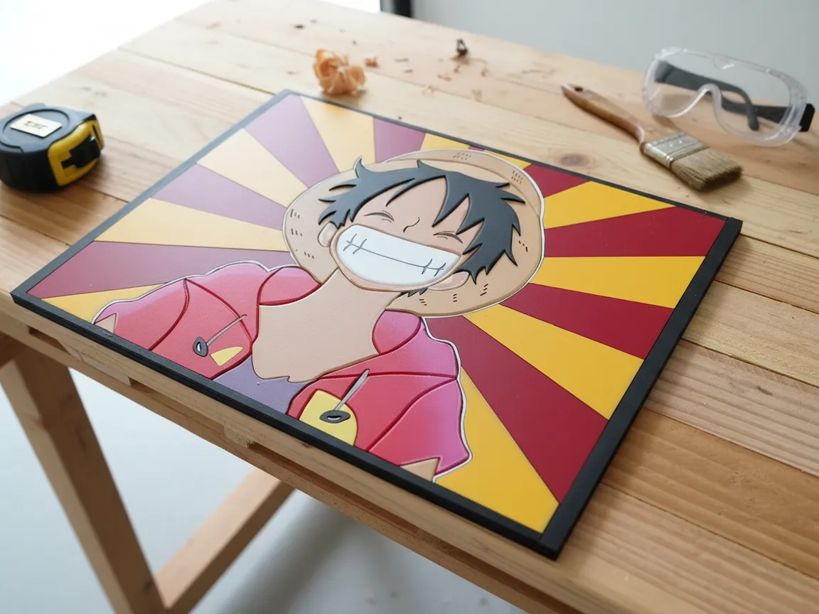 Wood plaque engraving of One Piece logo and young Luffy in Santa hat gift idea
