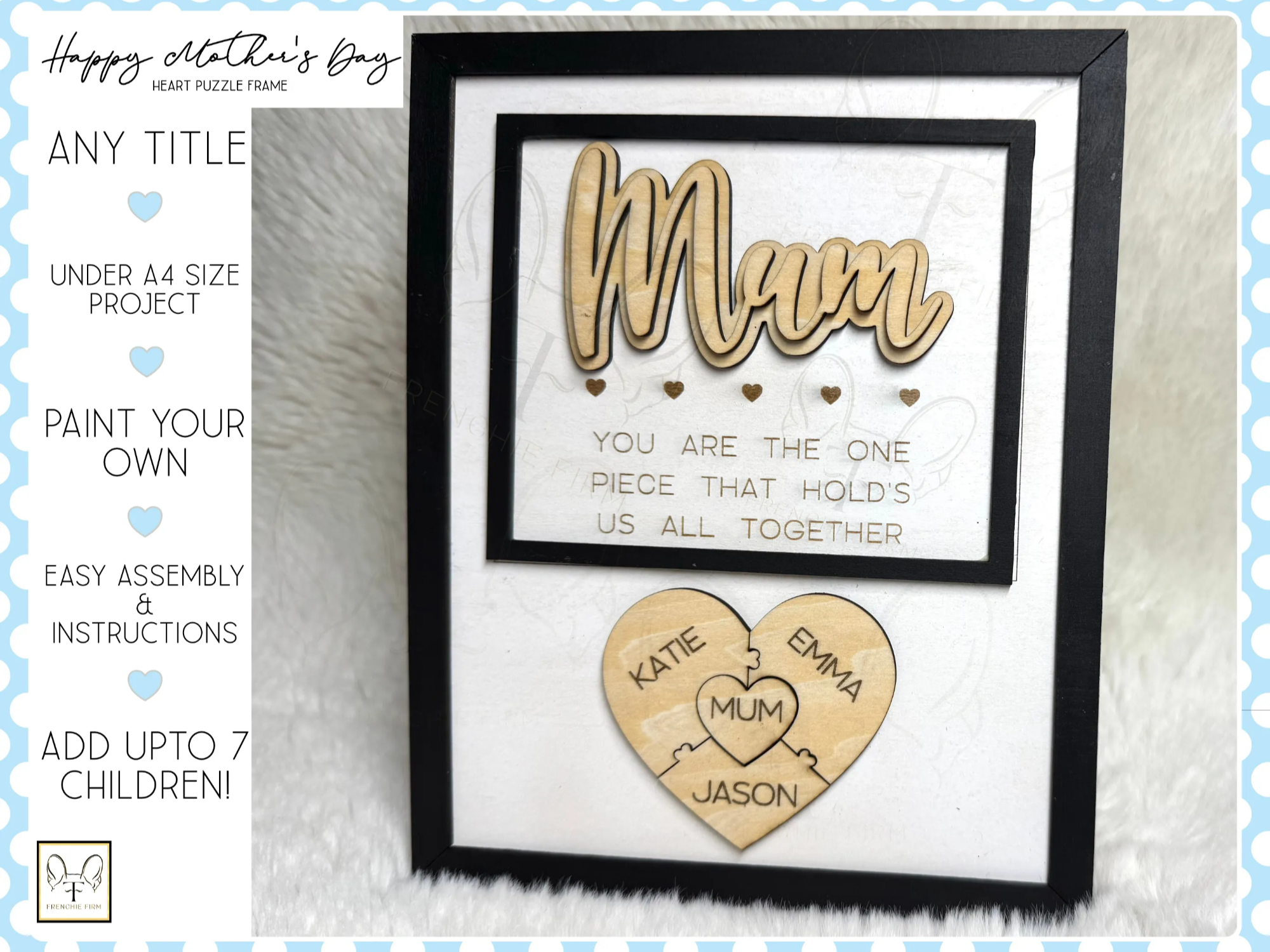 Happy Mother's Day Heart Puzzle Frame (Customizable Text, Up to 7 Names) mother's day gift design