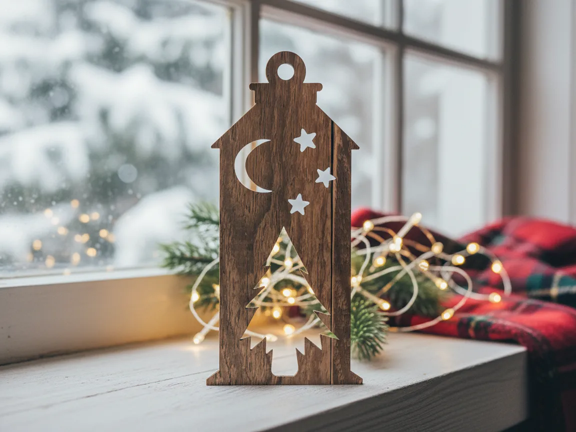 Laser cut wooden Christmas lantern with tree and star cutouts glowing on a table