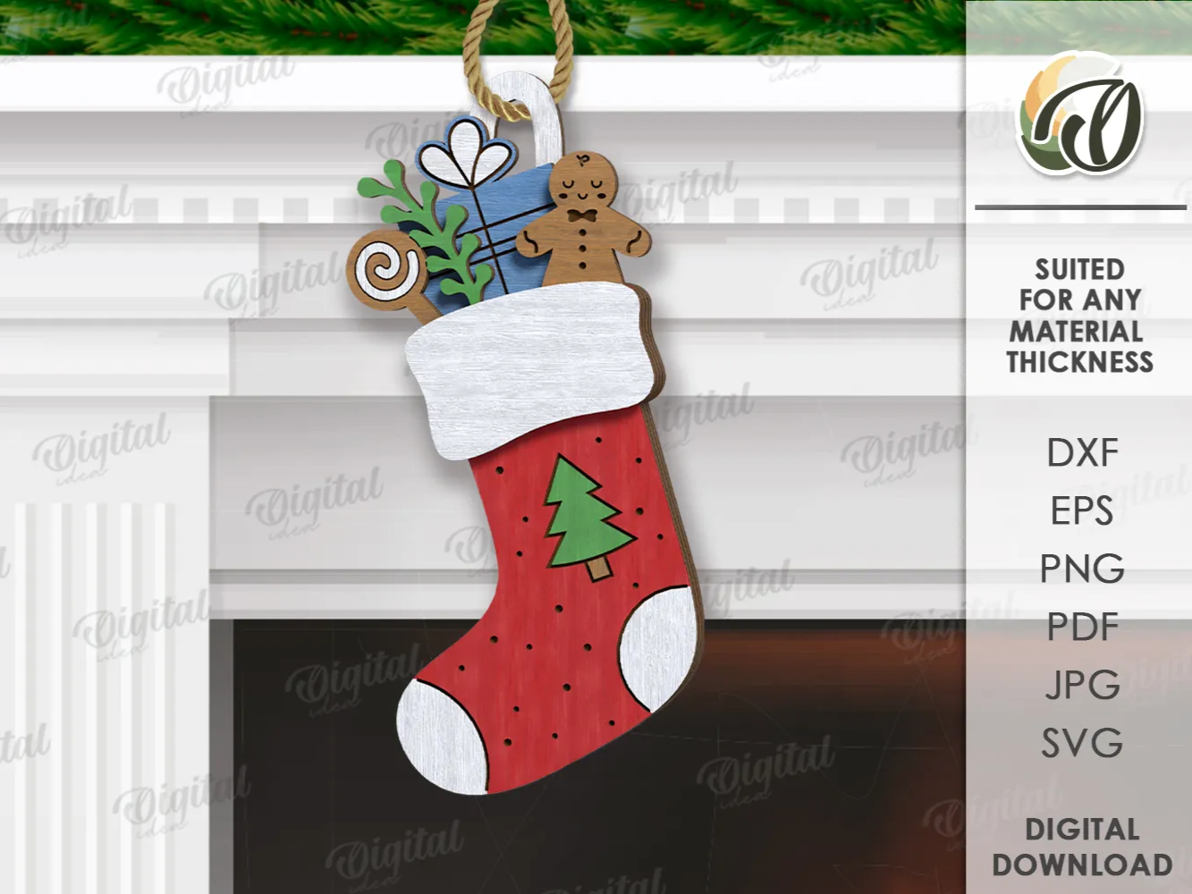 Layered 3D Christmas stocking garland for fireplace and tree decor