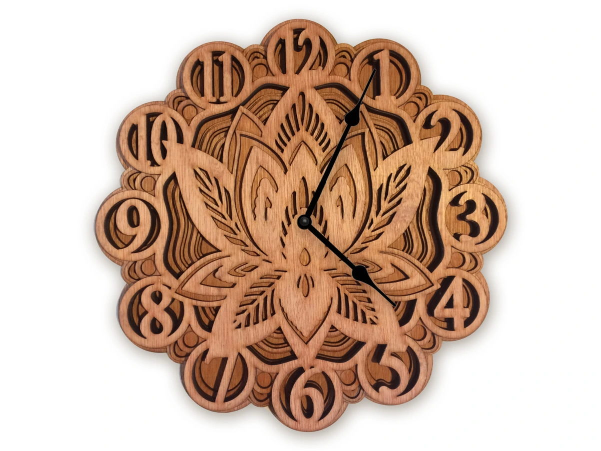 Layered Wooden Lotus Wall Clock with intricate design wood clock idea