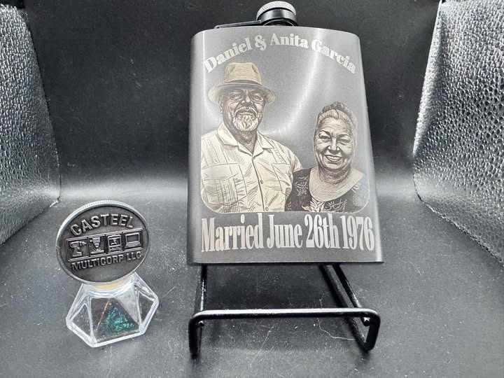 Personalized anniversary flask with portrait of Daniel and Anita Garcia anniversary gift for her idea