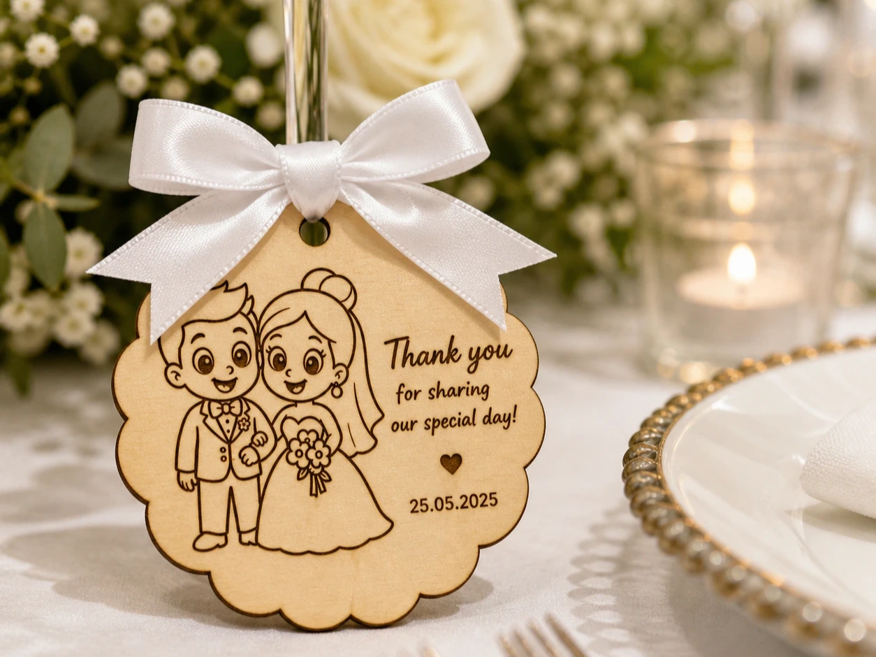 Engraved Wooden Wedding Tag with Bride & Groom Illustration wedding favor idea
