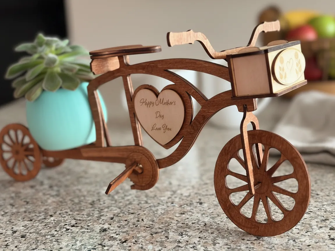 Wooden Bicycle Planter with Heart Sign laser-cut design on a styled shelf