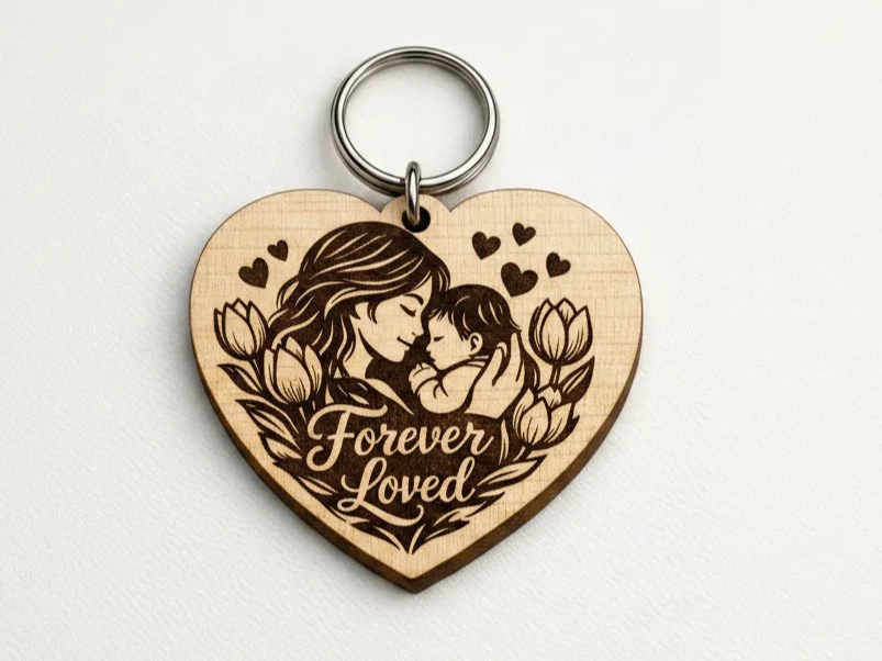 Forever Loved Heart Keychain with Mother and Baby Illustration mother's day gift design