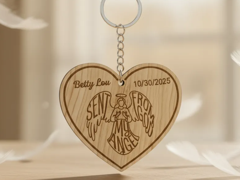 Heart-Shaped Wooden Keychain: "Sent from God" gift for her design