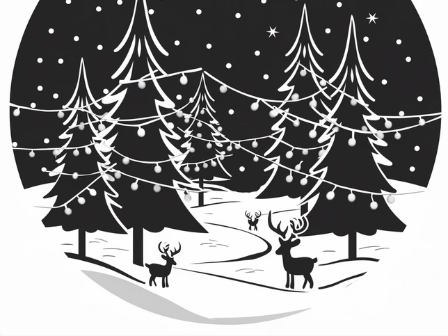 Hutan Natal dengan rusa dan lampu pita yang dipotong laser bersinar di luar ruangan