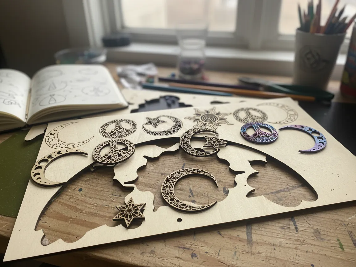 Celestial Moon and Sun Decorative Cutouts with Peace Sign Motifs laser cut summer decor design