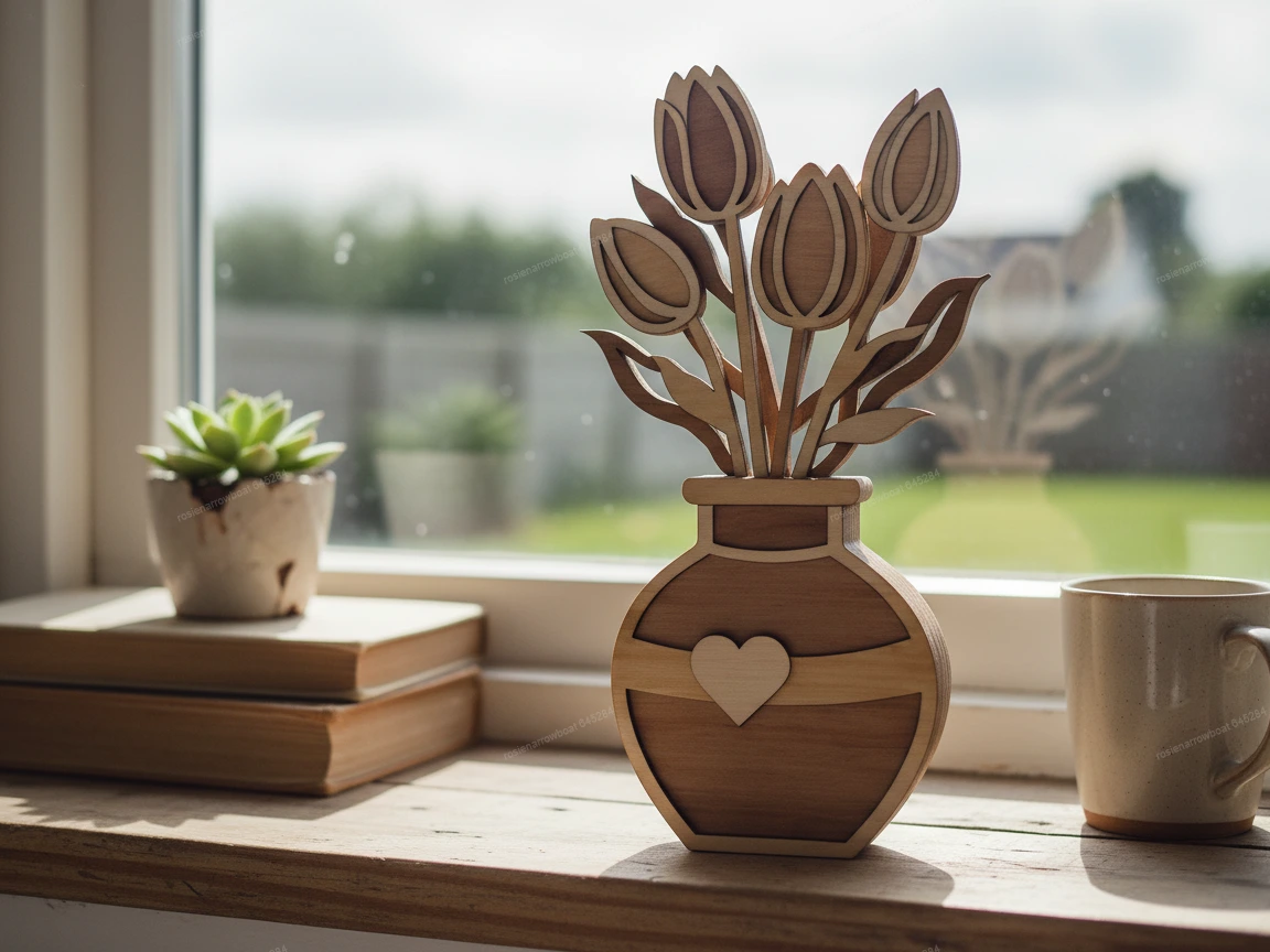 Wooden Tulip Bouquet in Heart Vase laser cut design on a table