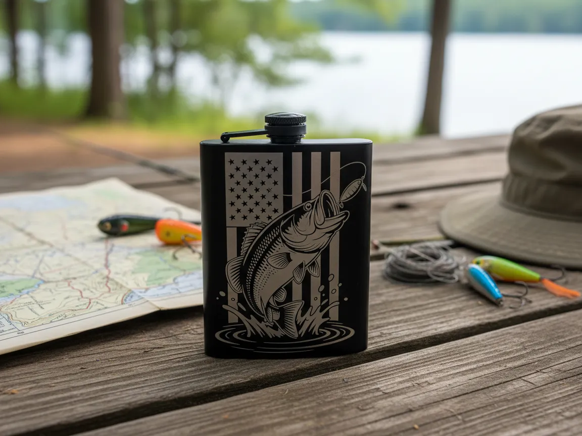Black Metal Flask Featuring American Flag and Bass Fishing Motif — free patriotic laser/print project file on Atomm