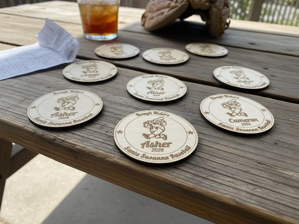 Laser Engraved Wooden Baseball Team Player Token Magnets sports logo design