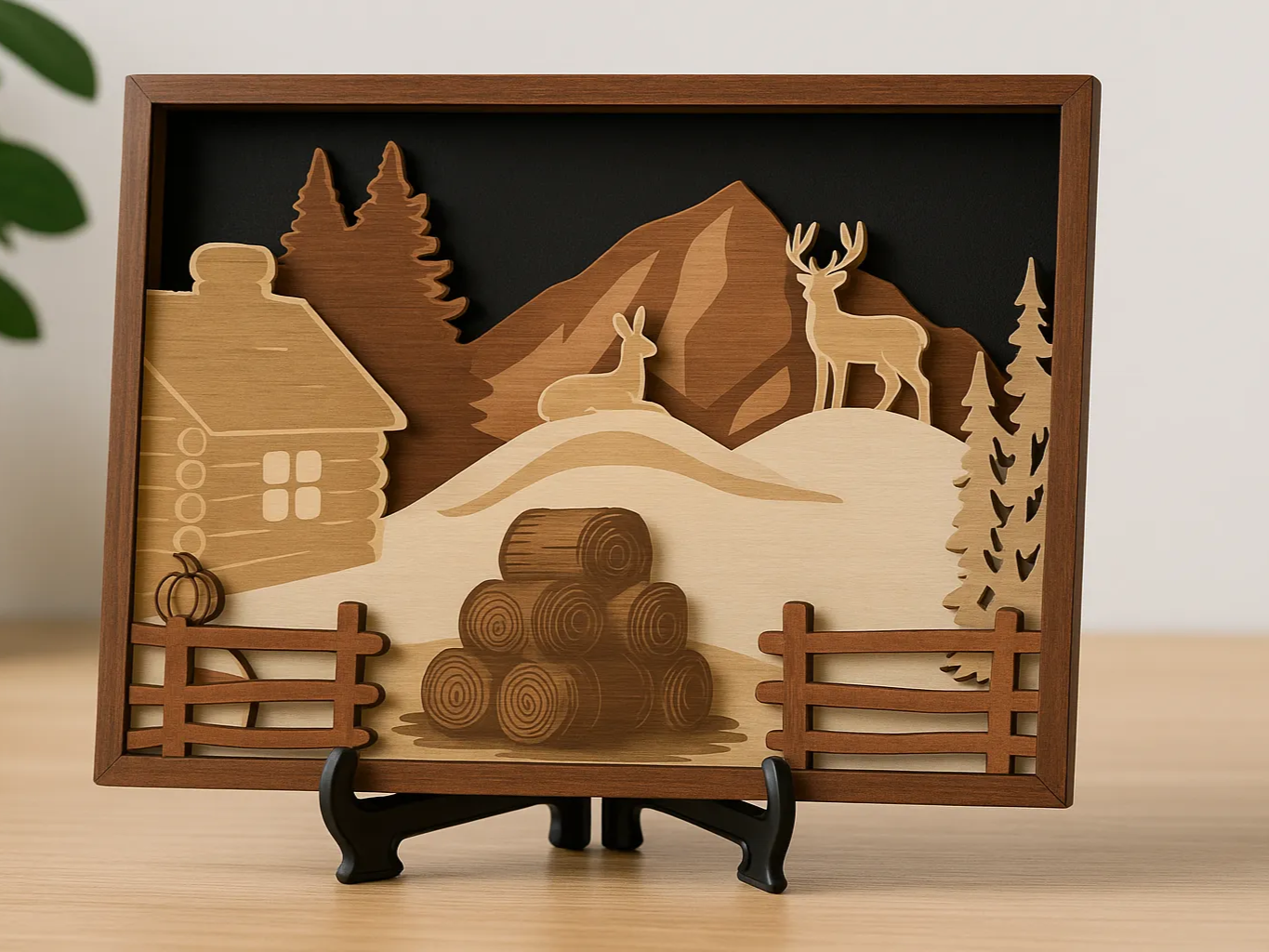 Rustic Cabin Wall Art with Deer, Mountains, and Hay Bales shadow box design