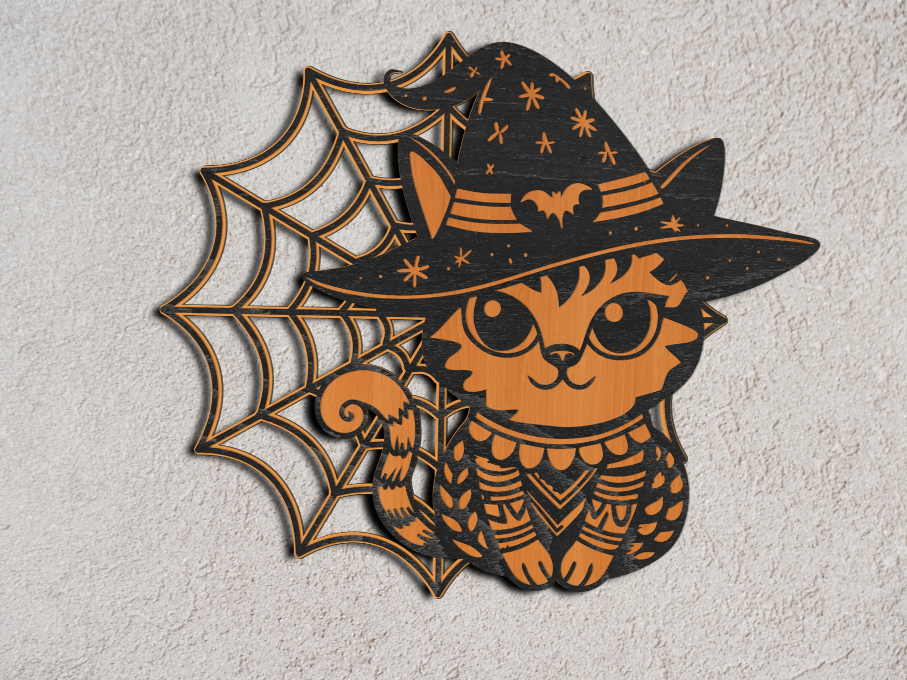 Décoration de porte Halloween chat au chapeau, décoration d'Halloween pour extérieur découpée au laser