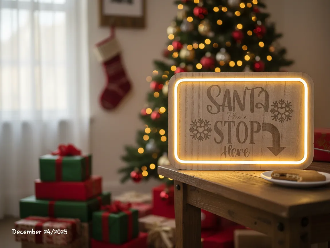 Santa Please Stop Here wooden sign with LED light for yard display